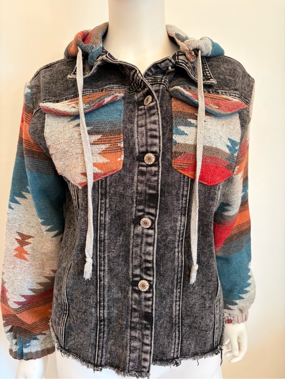 #846 Woven Sleeve Hooded Denim Jacket - Black with Multi-Color Aztec Accents